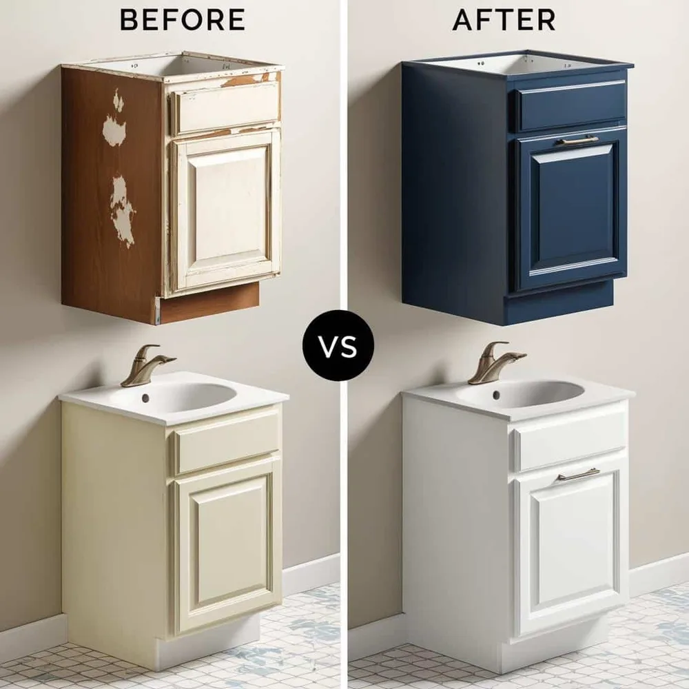 Bathroom cabinets before and after by Pronto Painting