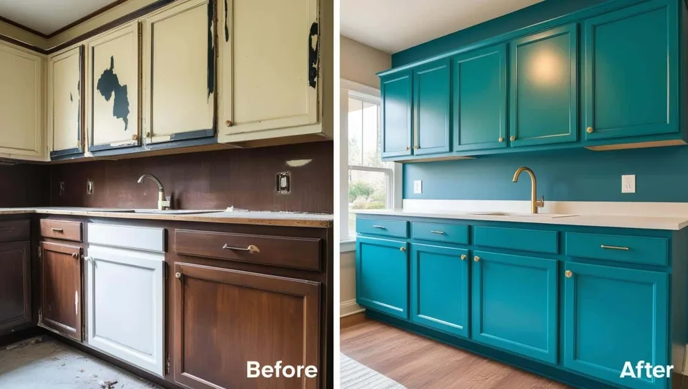 Cabinets repainted before and after by Pronto Painting