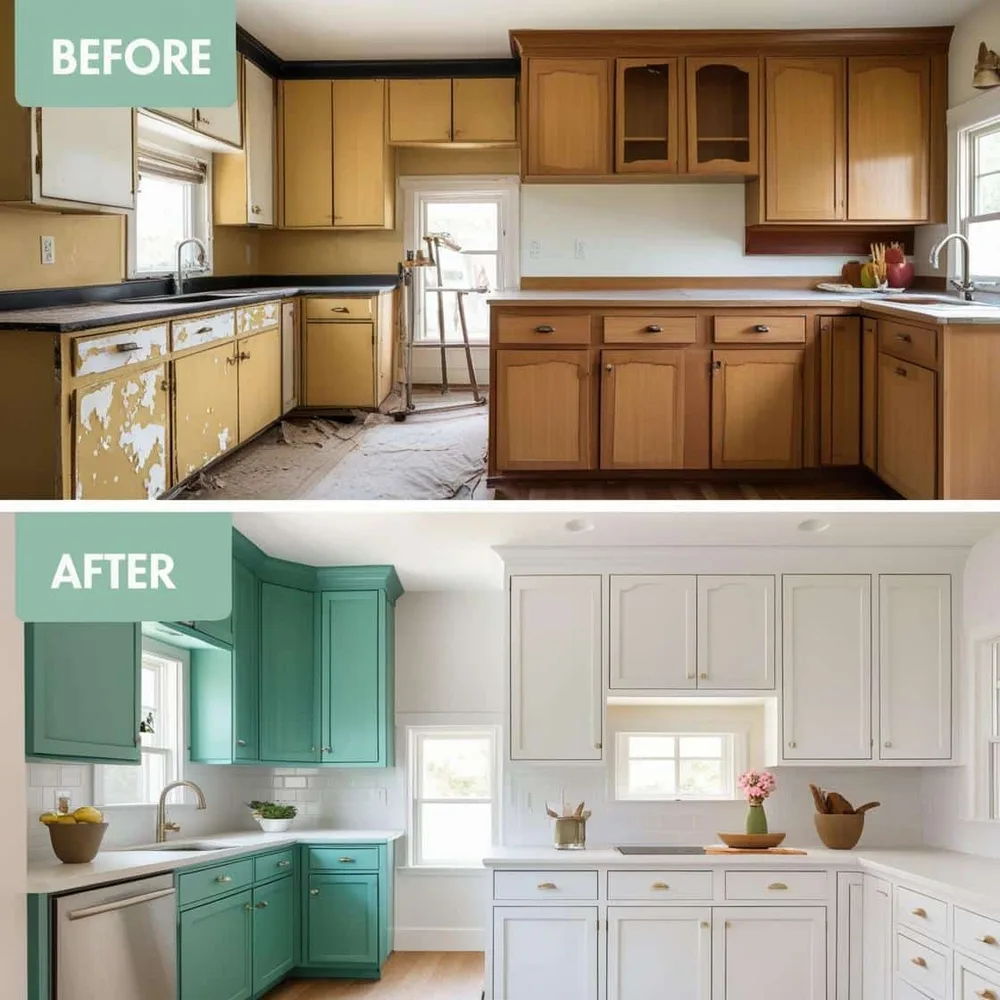 Kitchen cabinets before and after refinishing by Pronto Painting